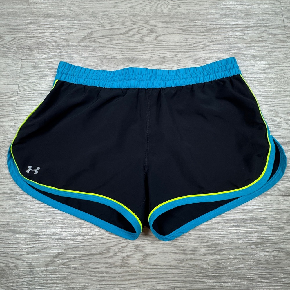 Under Armour Women's Running Shorts HeatGear Black Teal Yellow Small Semi-Fitted